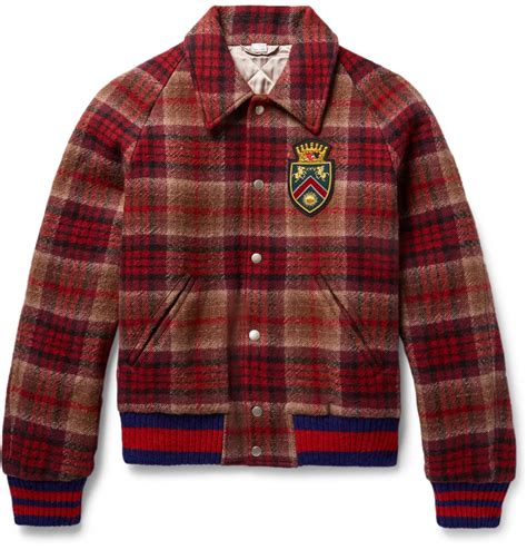 gucci appliquéd checked wool and cotton-blend felt bomber jacket|Gucci Casual jackets for Men .